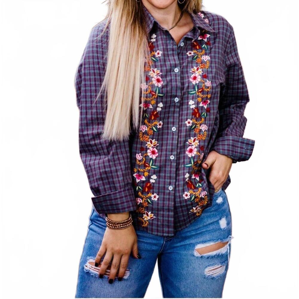 NEW LAYERZ CLOTHING gracie plaid embroidered top in purple multi